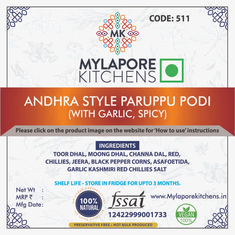 Andhra Style Paruppu Podi -100 gms (with garlic ,Spicy)