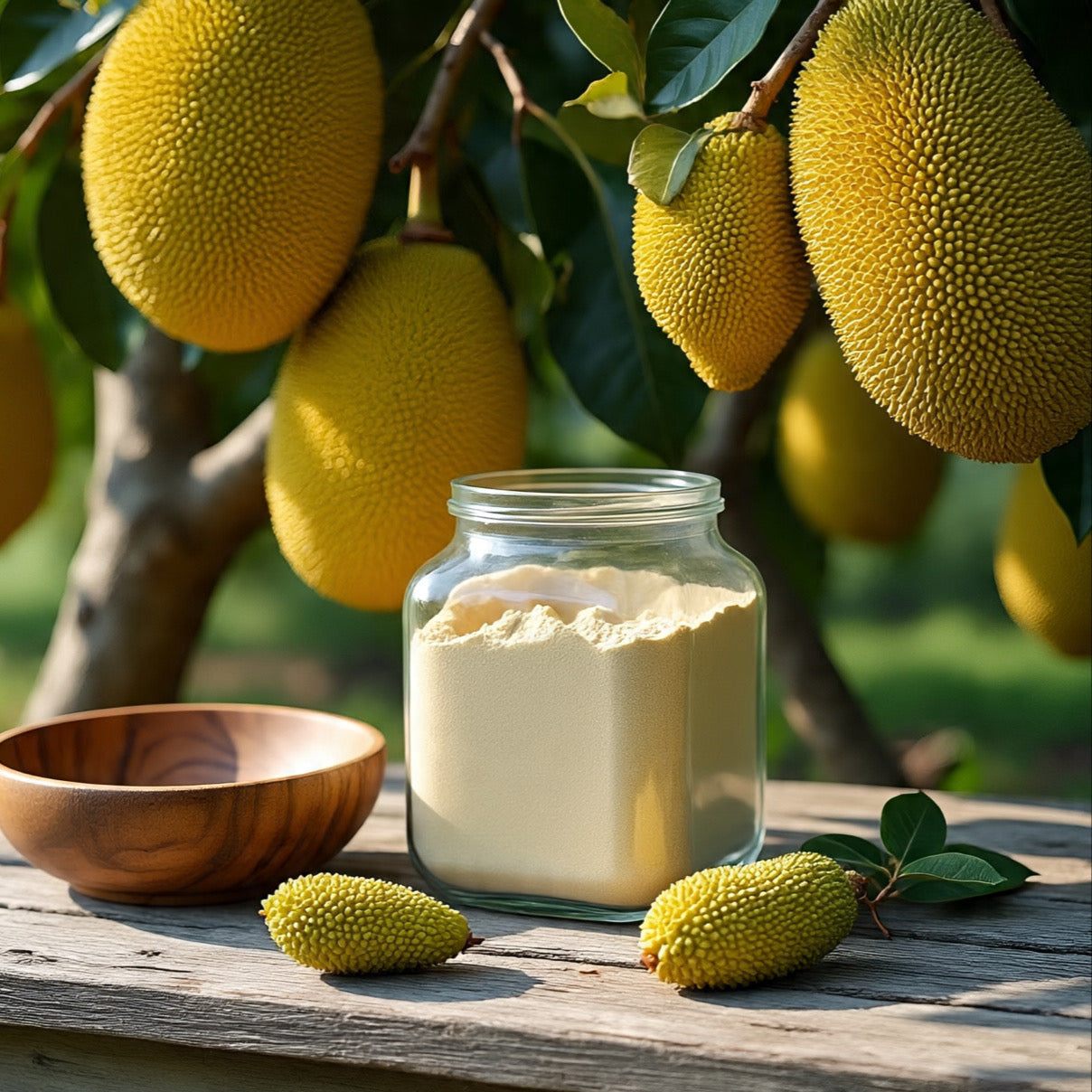 Jar of powder on a wooden surface with jackfruit in the background