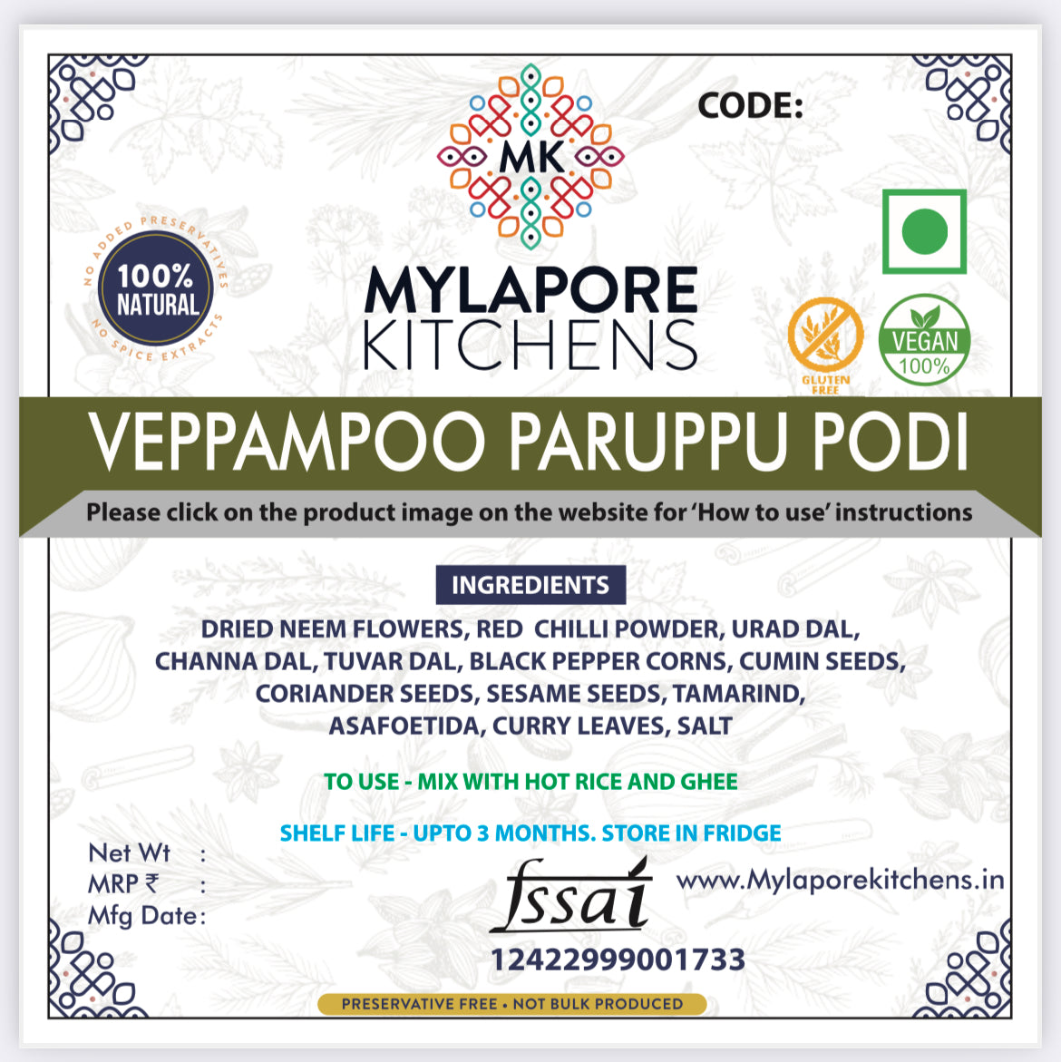 Veppampoo Paruppu Podi for rice -100 gms