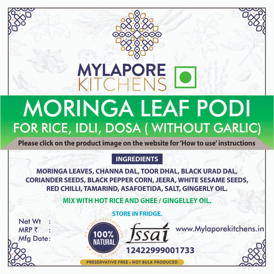 Moringa leaves powder for rice, dosa, idli - WITHOUT Garlic - 100 gms
