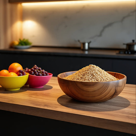 Wooden bowl with grains on a kitchen counter with fruits and a bowl in the background.