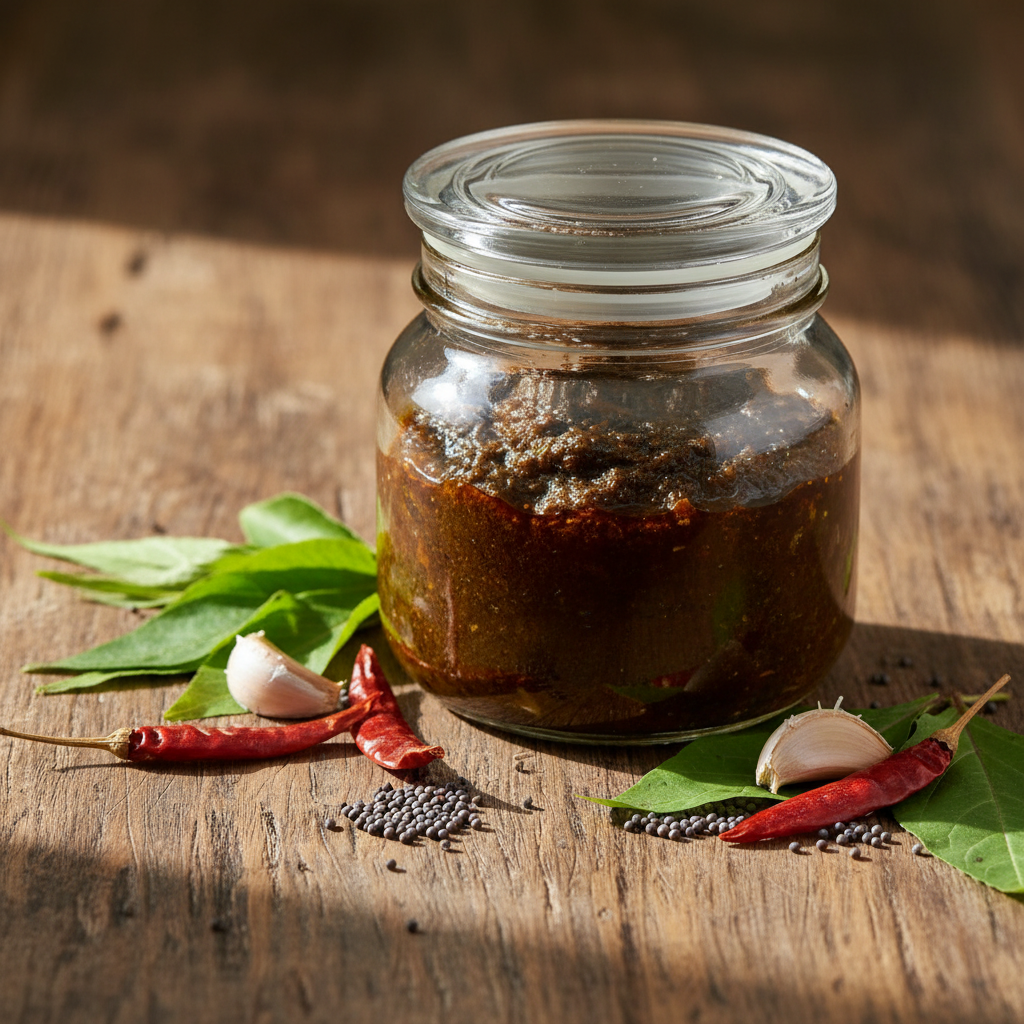 Gongura Pachadi Thokku in a glass jar with fresh ingredients on a wooden table