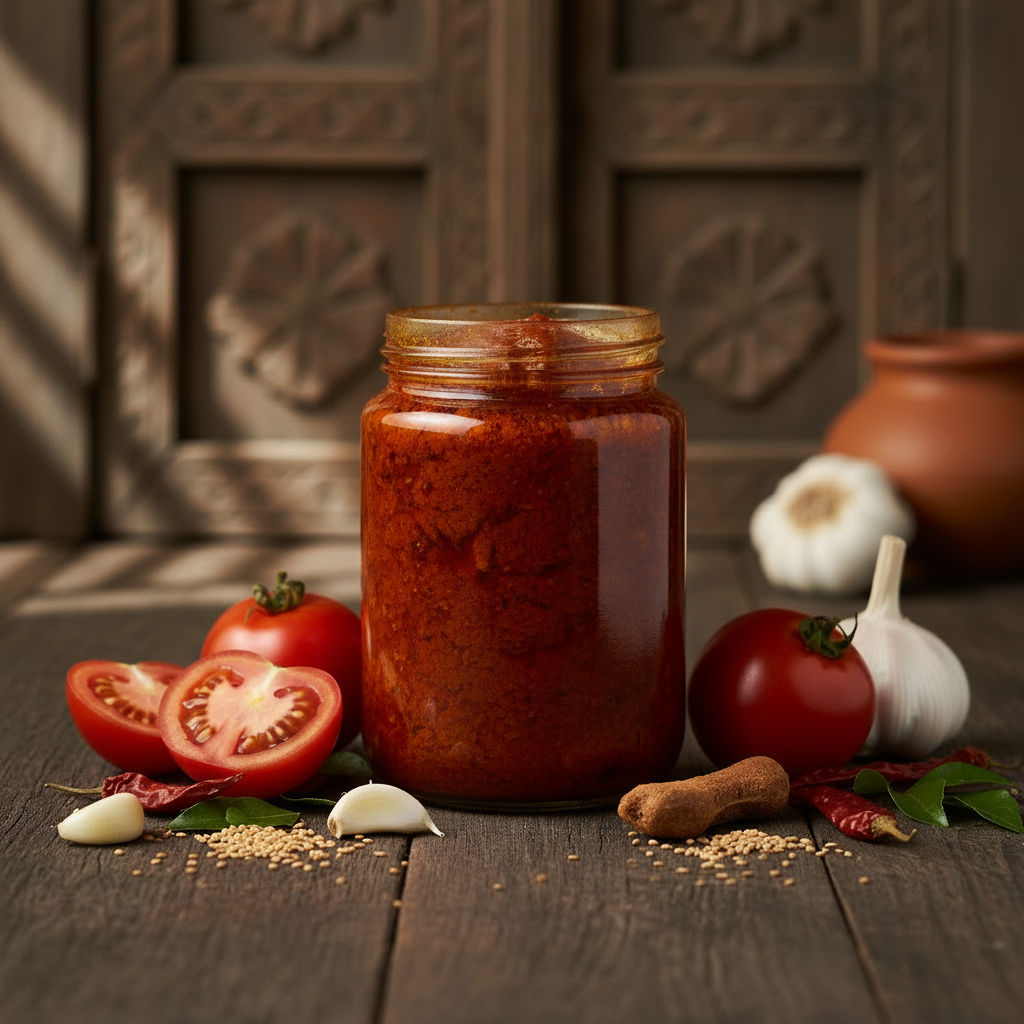 Tomato Thokku Garlic with Organic Tomatoes in a plain glass jar